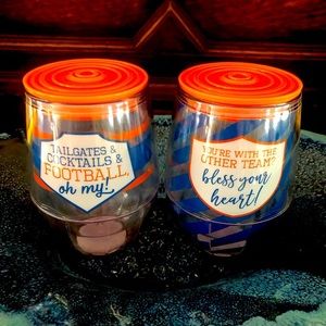 2 Fanfare Acrylic Orange, Blue, & Clear Football Glasses with Lids - NEW!